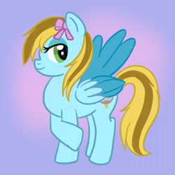 Size: 750x750 | Tagged: safe, artist:mediocremare, imported from derpibooru, oc, oc only, oc:lucky bolt, pegasus, pony, bow, cutie mark, female, hair bow, looking at you, simple background, solo, standing, wings