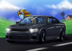 Size: 1000x707 | Tagged: safe, artist:sonicpegasus, imported from derpibooru, oc, oc only, oc:lucky bolt, oc:sliding bolt, pegasus, pony, bow, car, commission, complex background, dodge (car), dodge charger, driving, female, hair bow, happy, highway, male, vehicle, windswept mane