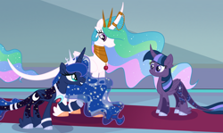 Size: 1280x765 | Tagged: safe, artist:monochrome-sunsets, imported from derpibooru, princess celestia, princess luna, twilight sparkle, alicorn, pony, alternate design, twilight sparkle (alicorn)