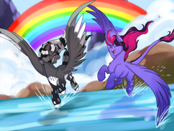 Size: 4000x3000 | Tagged: safe, artist:shamy-crist, imported from derpibooru, oc, oc only, oc:shamy, alicorn, pegasus, pony, female, flying, mare, rainbow