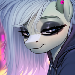 Size: 1024x1024 | Tagged: safe, imported from derpibooru, pony, ai content, ai generated, bags under eyes, clothes, depressed, ear piercing, eyeliner, eyeshadow, generator:pony diffusion v6 xl, generator:stable diffusion, grey fur, hoodie, makeup, piercing, prompter:vilkathewolf, smiling, smirk, solo, white mane