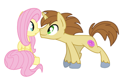 Size: 1178x784 | Tagged: safe, artist:sori-adopts-n-bases, imported from derpibooru, donut joe, fluttershy, pegasus, pony, unicorn, base used, crack shipping, female, flutterjoe, horn, male, missing accessory, shipping, simple background, straight, white background