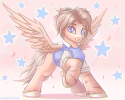 Size: 2500x2000 | Tagged: safe, artist:adagiostring, imported from derpibooru, oc, oc only, pegasus, cartoon, clothes, cute, jacket, looking at you, male, pegasus oc, short hair, smiling, smiling at you, solo, spread wings, stallion, stallion oc, standing, stars, wings