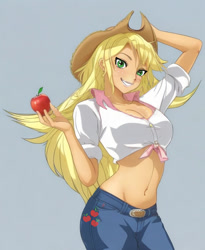 Size: 648x792 | Tagged: safe, artist:voldarian, imported from derpibooru, applejack, human, equestria girls, apple, belly button, breasts, cleavage, female, food, front knot midriff, gray background, grin, midriff, simple background, smiling, solo