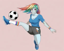 Size: 800x640 | Tagged: safe, artist:voldarian, imported from derpibooru, rainbow dash, human, equestria girls, ball, breasts, cleavage, female, football, grin, kicking, pink background, simple background, smiling, solo, sports