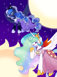 Size: 3135x4186 | Tagged: safe, artist:ruto_me, imported from derpibooru, princess celestia, princess luna, moon, sun