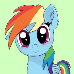 Size: 5000x5000 | Tagged: safe, artist:cloudmild, imported from derpibooru, rainbow dash, pegasus, pony, blushing, cute, dashabetes, female, floppy ears, fluffy, green background, happy, looking at you, mare, one ear down, simple background, smiling, solo, wings