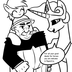 Size: 1024x1024 | Tagged: safe, artist:anonymous, imported from derpibooru, derpy hooves, princess celestia, alicorn, human, pony, cigar, comic, crown, drawthread, everett true, female, hooves on shoulders, jewelry, male, man, mare, monochrome, regalia, reward, talking, the outbursts of everett true, trio