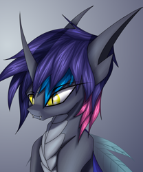 Size: 2500x3000 | Tagged: safe, artist:kirov, imported from derpibooru, oc, oc only, oc:kaylan, changeling, dracony, dragon, hybrid, pony, bust, changeling oc, fangs, gradient background, grin, high res, hybrid oc, portrait, smiling, solo