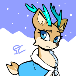 Size: 2480x2480 | Tagged: safe, artist:alvh-omega, imported from derpibooru, oc, oc:elain olsen, deer, equestria at war mod, blue eyes, clothes, coat, deer oc, doe, female, nature, non-pony oc, olenia, snow, snowfall, solo, uniform