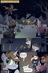 Size: 2480x3794 | Tagged: safe, artist:php104, imported from derpibooru, oc, oc only, oc:calamity, oc:littlepip, oc:velvet remedy, bird, crow, pegasus, pony, unicorn, fallout equestria, bag, clothes, comic, detailed background, door, flying, gun, handgun, hat, horn, house, jumpsuit, little macintosh, medical saddlebag, night, pegasus oc, revolver, rock farm, silo, smoke, speech bubble, unicorn oc, vault suit, weapon, windmill, wings