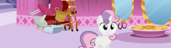 Size: 2899x814 | Tagged: safe, composite screencap, edit, edited screencap, imported from derpibooru, screencap, sweetie belle, pony, unicorn, hearts and hooves day (episode), carousel boutique, fainting couch, horn, kitchen sink, ladder, mirror