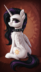 Size: 1536x2688 | Tagged: safe, imported from derpibooru, princess celestia, alicorn, pony, abstract background, ai content, ai generated, butt, chest fluff, collar, ear fluff, ear piercing, eyeshadow, female, full body, generator:pony realism 2.1, goth, looking at you, looking back, looking back at you, makeup, mare, piercing, prompter:siber, punklestia, rear view, sitting, solo, spiked collar, unamused