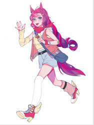 Size: 1620x2160 | Tagged: safe, artist:onion16011, imported from derpibooru, sunny starscout, human, bandage, boots, clothes, converse, detached sleeves, eared humanization, g5, high heel boots, humanized, light skin, mismatched socks, open mouth, open smile, open vest, pony ears, running, satchel, shoes, simple background, smiling, socks, tail, tailed humanization, waving, waving at you, white background, wristband