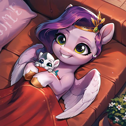 Size: 800x800 | Tagged: safe, imported from derpibooru, pipp petals, oc, pegasus, pony, ai content, ai generated, baby, baby pony, birth, blanket, couch, duo, female, foal, g5, generator:pony diffusion v6 xl, generator:stable diffusion, implied inbreeding, implied incest, looking at you, lying down, magical lesbian spawn, mother and child, mother and daughter, newborn, offspring, on back, parent:pipp petals, parent:zipp storm, parents:petalstorm, product of incest, prompter:shazamjr, smiling, smiling at you