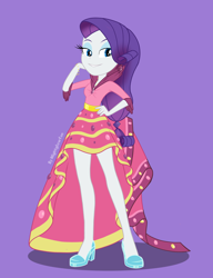 Size: 2350x3058 | Tagged: safe, artist:nightglowfan, imported from derpibooru, rarity, human, equestria girls, clothes, dress, female, gala dress, hand on hip, purple background, simple background, solo