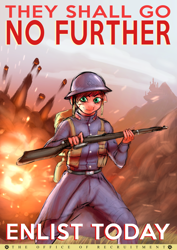 Size: 4968x7020 | Tagged: safe, artist:crazy water, artist:misstwipietwins, imported from derpibooru, oc, oc only, anthro, equestria at war mod, blood, canterlot, caption, clothes, explosion, female, gun, helmet, image macro, mare, poster, propaganda, random pony, rifle, solo, text, uniform, war, weapon