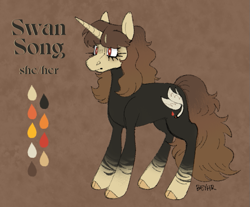 Size: 705x585 | Tagged: safe, artist:beyhr, imported from derpibooru, part of a set, oc, oc only, oc:swan song (beyhr), pony, unicorn, abstract background, bald face, bangs, black coat, blaze (coat marking), brown mane, brown tail, cloven hooves, coat markings, color palette, colored ears, colored hooves, eyeshadow, facial markings, female, frown, hooves, horn, leg stripes, long mane, long tail, makeup, mare, no catchlights, oc redesign, red eyes, reference sheet, signature, socks (coat markings), solo, standing, stripes, tail, text, thick eyelashes, unicorn horn, unicorn oc, white pupils, yellow hooves