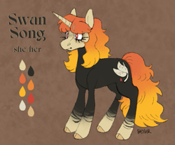 Size: 705x585 | Tagged: safe, artist:beyhr, imported from derpibooru, part of a set, oc, oc only, oc:swan song (beyhr), pony, unicorn, abstract background, bald face, bangs, black coat, blaze (coat marking), cloven hooves, coat markings, color palette, colored ears, colored hooves, eyeshadow, facial markings, female, frown, gradient mane, gradient tail, hooves, horn, leg stripes, long mane, long tail, makeup, mare, no catchlights, oc redesign, red eyes, reference sheet, signature, socks (coat markings), solo, standing, stripes, tail, text, thick eyelashes, two toned mane, two toned tail, unicorn horn, unicorn oc, white pupils, yellow hooves