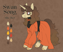 Size: 705x585 | Tagged: safe, alternate version, artist:beyhr, imported from derpibooru, part of a set, oc, oc only, oc:swan song (beyhr), pony, unicorn, abstract background, bald face, bangs, belt, black coat, blaze (coat marking), brown mane, brown tail, clothes, cloven hooves, coat markings, color palette, colored ears, colored hooves, dress, eyeshadow, facial markings, female, floral necklace, flower, frown, hooves, horn, leg stripes, long mane, long tail, makeup, mare, no catchlights, oc redesign, orange dress, puffy sleeves, red eyes, reference sheet, signature, sleeved dress, socks (coat markings), solo, standing, stripes, tail, text, thick eyelashes, unicorn horn, unicorn oc, white pupils, yellow hooves