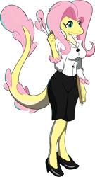 Size: 995x1847 | Tagged: artist needed, safe, imported from derpibooru, fluttershy, anthro, dinosaur, plantigrade anthro, crossover, dinosaurified, female, goodbye volcano high, simple background, snoot game, solo, species swap, veloshyraptor, white background