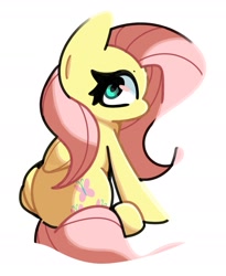 Size: 1369x1670 | Tagged: safe, artist:kindakismet, imported from derpibooru, fluttershy, pegasus, pony, looking back, simple background, sitting, solo, white background