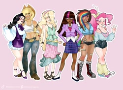 Size: 1106x811 | Tagged: safe, artist:iridescentglow, imported from derpibooru, applejack, fluttershy, pinkie pie, rainbow dash, rarity, twilight sparkle, human, :p, abs, alternate hairstyle, applejack's hat, bandaid, belly button, belt, blushing, boots, bracelet, breasts, cardigan, choker, clothes, converse, cowboy boots, cowboy hat, dark skin, dirt, dirty, dress, ear piercing, earring, feet, female, fingerless gloves, flats, freckles, glasses, gloves, grin, hairband, hat, high heels, hoodie, hug, humanized, jewelry, leg warmers, lesbian, lip piercing, lipstick, looking at each other, looking at someone, makeup, mane six, midriff, mud, muscles, nail polish, natural hair color, piercing, pink background, rarijack, sandals, shipping, shirt, shoes, shorts, simple background, size difference, smiling, snake bites, socks, tattoo, tongue out, wall of tags