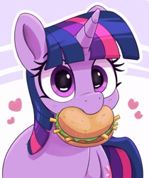 Size: 2230x2653 | Tagged: safe, artist:pabbley, imported from derpibooru, twilight sparkle, pony, unicorn, burger, cute, female, food, hay burger, heart, horn, looking at you, mare, mouth hold, nom, solo, twiabetes, twilight burgkle, unicorn twilight