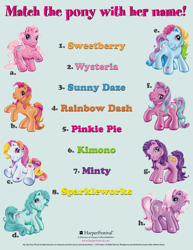 Size: 1280x1656 | Tagged: safe, imported from derpibooru, kimono, minty, pinkie pie (g3), rainbow dash (g3), sparkleworks, sunny daze (g3), sweetberry, wysteria, earth pony, pony, 2004, activity book, alternate hair color, female, g3, green background, green-haired minty, harpercollins, hoof heart, looking at you, mare, official, open mouth, open smile, orange-and-pink-haired sparkleworks, prototype, raised hoof, rearing, simple background, sitting, smiling, standing, stock vector, underhoof