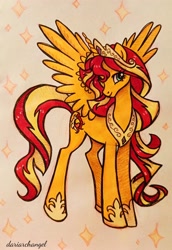 Size: 2360x3432 | Tagged: safe, artist:dariarchangel, imported from derpibooru, sunset shimmer, alicorn, pony, alicornified, alternate design, alternate universe, celestia's crown, crown, cute, female, jewelry, long hair, long mane, mare, photo, race swap, regalia, shimmerbetes, shimmercorn, sketchbook, smiling, solo, spread wings, traditional art, two toned mane, what if, wings