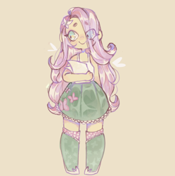 Size: 1642x1646 | Tagged: safe, artist:pandobia, imported from derpibooru, fluttershy, human, equestria girls, beanbrows, boots, clothes, cute, eye clipping through hair, eyebrows, eyebrows visible through hair, flyer, hair over one eye, shoes, shyabetes, simple background, skirt, smiling, solo, tanktop, yellow background