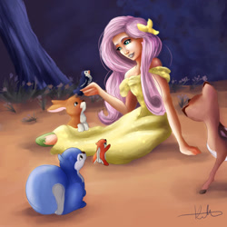 Size: 1024x1024 | Tagged: safe, artist:hyzenthlay89, imported from derpibooru, fluttershy, bird, chipmunk, deer, human, rabbit, squirrel, 2017, animal, bare shoulders, disney, female, humanized, snow white and the seven dwarfs