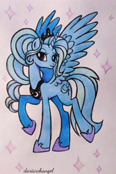 Size: 2317x3463 | Tagged: safe, artist:dariarchangel, imported from derpibooru, trixie, alicorn, pony, alicornified, alternate design, alternate hairstyle, alternate universe, crown, cute, diatrixes, female, jewelry, large wings, luna's crown, mare, photo, ponytail, race swap, raised hoof, regalia, sketchbook, smiling, solo, spread wings, standing on two hooves, traditional art, trixiecorn, what if, wings