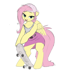 Size: 944x1008 | Tagged: safe, anonymous artist, artist:misty breeze, edit, imported from derpibooru, fluttershy, pegasus, semi-anthro, 90s grunge fluttershy, alternate clothes, alternate hairstyle, arm hooves, backwards ballcap, baseball cap, cap, clothes, female, floppy ears, gameloft, hat, lidded eyes, looking at you, mare, my little pony: magic princess, open mouth, skateboard, skirt, solo, tanktop