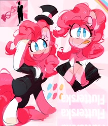 Size: 2550x3000 | Tagged: safe, artist:pakmur, imported from derpibooru, pinkie pie, earth pony, pony, :p, abstract background, blushing, clothes, cute, diapinkes, ear blush, female, hat, high res, looking at you, mare, ska, smiling, smiling at you, solo, suit, tongue out, top hat