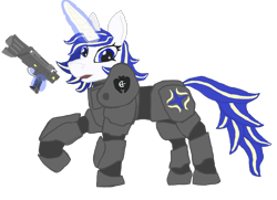 Size: 1800x1300 | Tagged: safe, artist:silverfishv9, imported from derpibooru, oc, oc only, oc:azure star (silverfishv9), pony, unicorn, armor, blue eyes, blue mane, clothes, crossover, cutie mark, cutie mark on clothes, fallout, glowing, glowing horn, highlights, horn, magic, power armor, simple background, telekinesis, unicorn oc, weapon