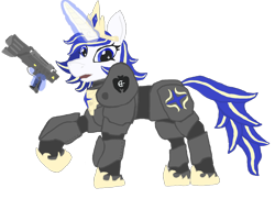 Size: 1800x1300 | Tagged: safe, artist:silverfishv9, imported from derpibooru, oc, oc only, oc:azure star (silverfishv9), pony, unicorn, armor, blue eyes, blue mane, clothes, crossover, crown, cutie mark, cutie mark on clothes, element of harmony, element of laughter, fallout, glowing, glowing horn, highlights, horn, jewelry, magic, power armor, regalia, shoes, simple background, telekinesis, unicorn oc, weapon