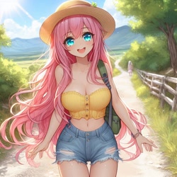 Size: 1024x1024 | Tagged: safe, imported from derpibooru, fluttershy, human, adorasexy, ai content, ai generated, anime, backpack, belly button, big breasts, blushing, breasts, busty fluttershy, cleavage, clothes, cute, denim, denim shorts, dirt road, female, generator:copilot, generator:dall-e 3, hat, humanized, long hair, looking at you, midriff, nature, outdoors, sexy, shorts, shyabetes, smiling, smiling at you, solo, strapless, stupid sexy fluttershy, tube top, walking