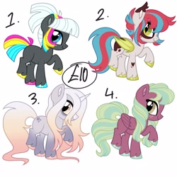 Size: 4000x4000 | Tagged: safe, artist:fizzlefer, imported from derpibooru, oc, oc only, oc:kaleidoscope swatch, bat pony, earth pony, pegasus, unicorn, adoptable, bat pony oc, bat wings, earth pony oc, female, folded wings, freckles, heart, heart mark, horn, mare, pegasus oc, raised hoof, raised leg, smiling, tail, unicorn oc, unshorn fetlocks, wings