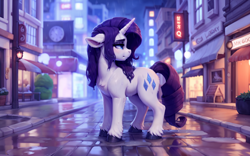 Size: 2048x1280 | Tagged: safe, imported from derpibooru, rarity, pony, unicorn, ai content, ai generated, city, cityscape, cutie mark, generator:stable diffusion, horn, prompter:raif, rain, solo