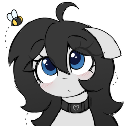 Size: 1500x1500 | Tagged: safe, artist:stablegrass, imported from derpibooru, oc, oc:milly, bee, earth pony, insect, pony, ahoge, blushing, collar, eye clipping through hair, female, floppy ears, looking up, mare