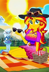 Size: 832x1216 | Tagged: safe, imported from twibooru, sunset shimmer, trixie, human, equestria girls, equestria girls series, ai content, ai generated, basket, blue sky, cloud, female, grass, grass field, humanized, image, lesbian, needs more jpeg, picnic, picnic basket, picnic blanket, prompter:tiamatnightmare, shipping, suntrix