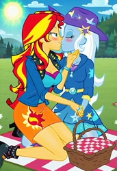 Size: 832x1216 | Tagged: safe, imported from twibooru, sunset shimmer, trixie, human, equestria girls, equestria girls series, ai content, ai generated, basket, blue sky, cloud, female, grass, grass field, humanized, image, lesbian, needs more jpeg, picnic, picnic basket, picnic blanket, prompter:tiamatnightmare, shipping, suntrix