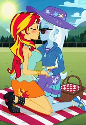 Size: 832x1216 | Tagged: safe, imported from twibooru, sunset shimmer, trixie, human, equestria girls, equestria girls series, ai content, ai generated, basket, blue sky, cloud, female, grass, grass field, humanized, image, lesbian, needs more jpeg, picnic, picnic basket, picnic blanket, prompter:tiamatnightmare, shipping, suntrix