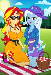 Size: 832x1216 | Tagged: safe, imported from twibooru, sunset shimmer, trixie, human, equestria girls, equestria girls series, ai content, ai generated, basket, blue sky, cloud, female, grass, grass field, humanized, image, lesbian, needs more jpeg, picnic, picnic basket, picnic blanket, prompter:tiamatnightmare, shipping, suntrix