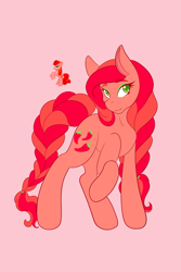 Size: 1365x2048 | Tagged: safe, artist:mscolorsplash, imported from derpibooru, pepperdance, earth pony, pony, blind bag pony, braid, braided ponytail, braided tail, eyebrows, eyebrows visible through hair, eyeshadow, female, lidded eyes, makeup, mare, pink background, ponytail, raised hoof, simple background, smiling, solo, tail, toy, toy interpretation