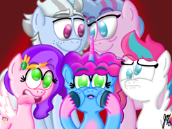 Size: 2160x1620 | Tagged: safe, artist:jesslmc16, imported from derpibooru, pipp petals, queen haven, zipp storm, pegasus, pony, unicorn, alphabittle blossomforth, bust, curtains, derp, digital art, family, female, funny, g5, group, horn, horns, male, mare, misty brightdawn, portrait, signature, silly, simple background, spread wings, stallion, wings