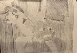 Size: 3979x2742 | Tagged: safe, artist:mlpfantealmintmoonrise, imported from derpibooru, crystal hoof, spike, thorax, changeling, the times they are a changeling, atg 2024, disguise, disguised changeling, monochrome, newbie artist training grounds, pencil drawing, photo, picture, scene interpretation, traditional art
