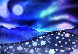 Size: 3600x2500 | Tagged: safe, artist:knife smile, imported from derpibooru, commission, flower, moon, mountain, mountain range, no pony, stars