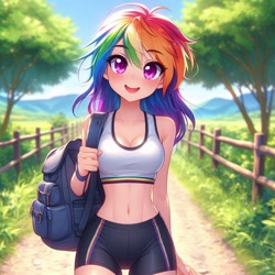 Size: 1024x1024 | Tagged: safe, imported from derpibooru, rainbow dash, human, ai content, ai generated, anime, backpack, breasts, clothes, compression shorts, cute, dashabetes, dirt road, female, fence, generator:copilot, generator:dall-e 3, humanized, looking at you, midriff, nature, outdoors, shorts, smiling, smiling at you, solo, standing, tree